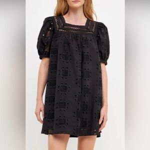 English Factory Black Smocked Babydoll Eyelet Dress
